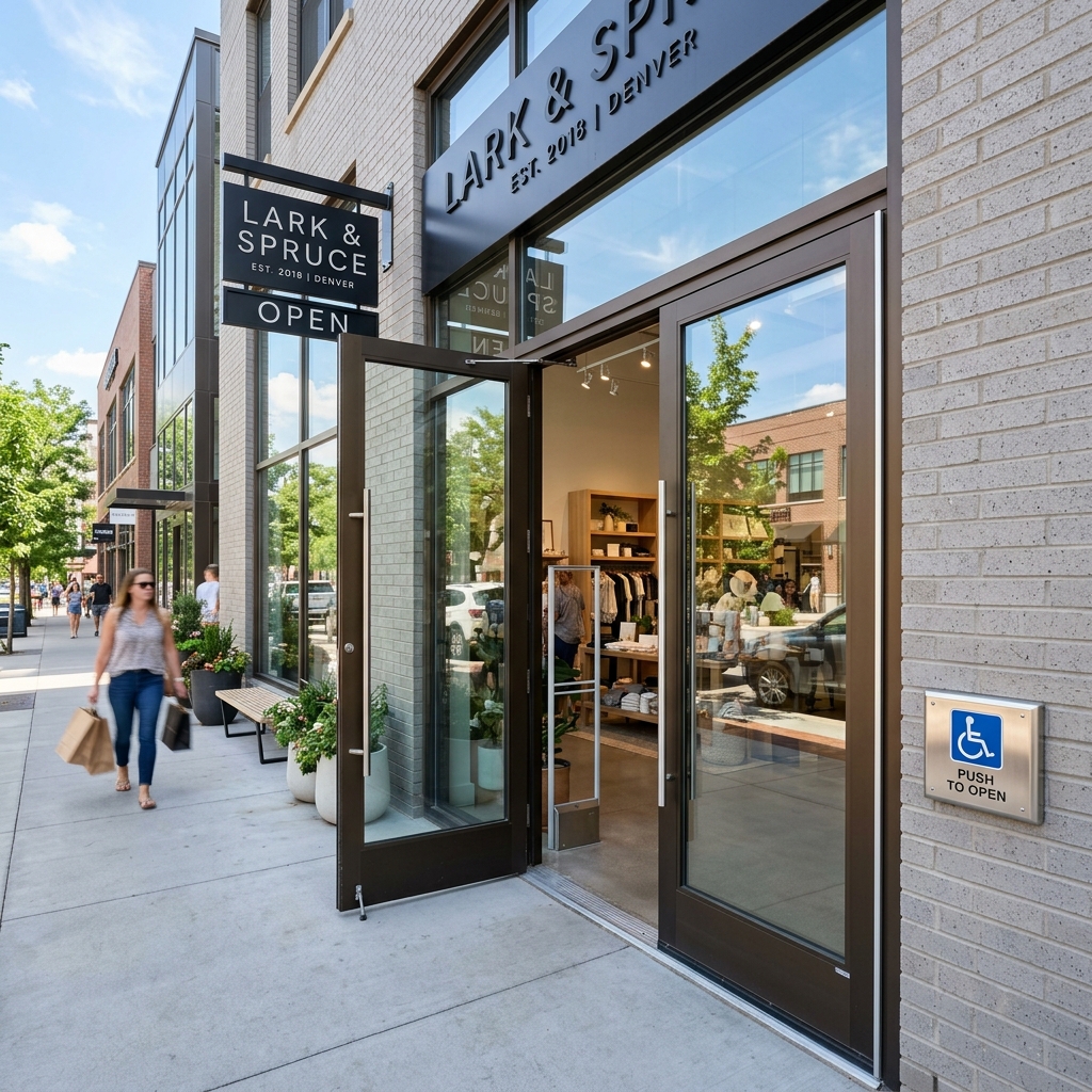 A modern, accessible commercial glass storefront door with a prominent handicap push-button plate.
