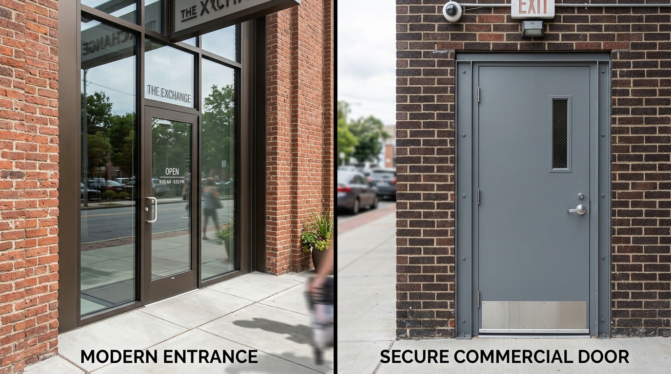Comparison of a sleek aluminum glass storefront and a heavy-duty hollow metal door on a commercial building