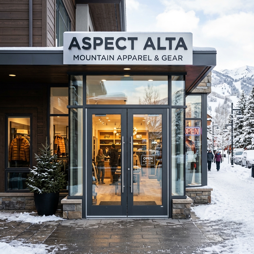 Modern commercial storefront doors in a snowy Colorado winter setting