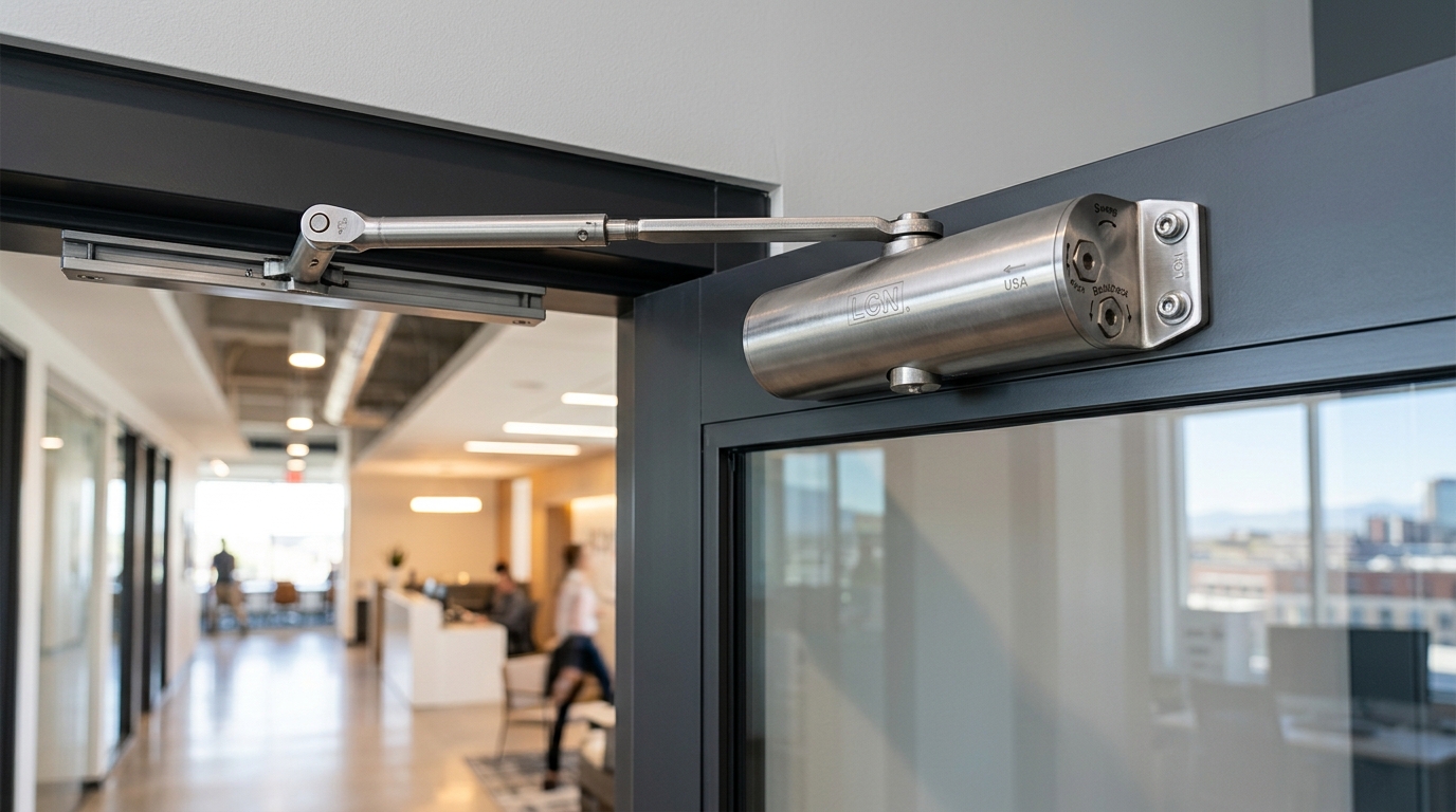 A brushed stainless steel commercial door closer mechanism mounted on a glass office door